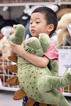 一个小男孩抱着恐龙玩具玩耍