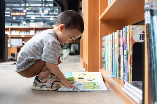 一个小男孩蹲在书架前认真阅读