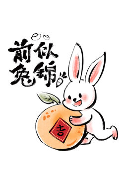水墨书法中国风抱着金桔的兔子