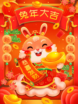国潮新年春节兔年财神桔兔插画