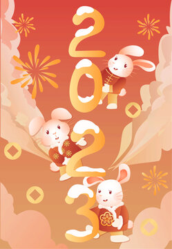 兔年春节四只小兔矢量插画