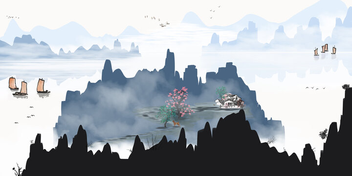 禅境水墨山水画