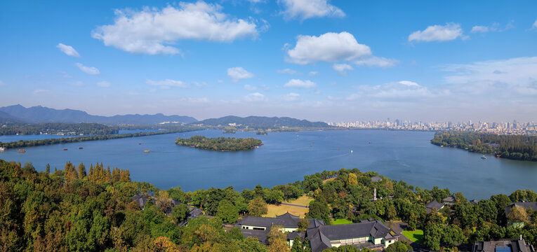 航拍杭州西湖城市景观全景图