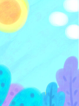 可爱卡通天空太阳树林手绘背景