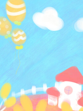 可爱卡通天空气球房子背景手绘