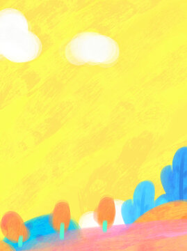 可爱卡通阳光云朵山坡手绘背景