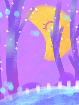 可爱卡通星空月亮树林手绘背景