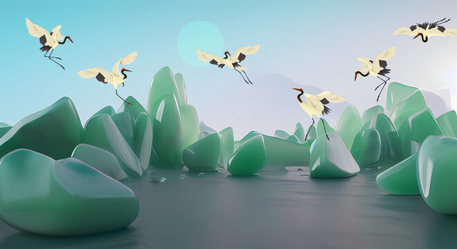 3D玉雕山水仙鹤背景墙
