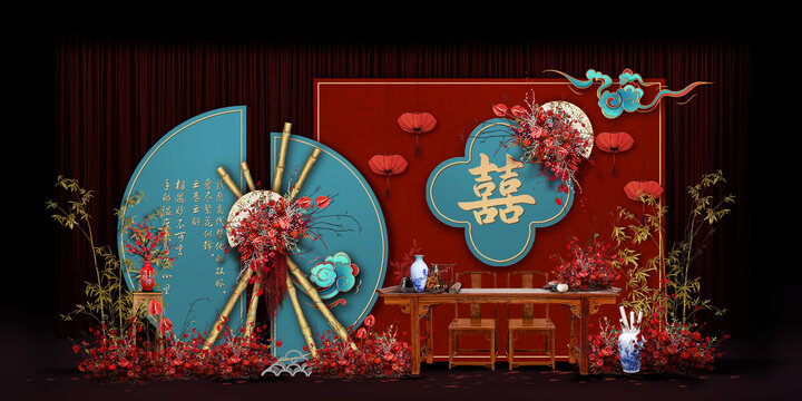 红蓝中式外区婚礼手绘效果图