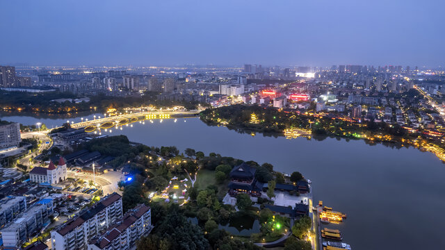 航拍泰州凤城河畔城市夜景