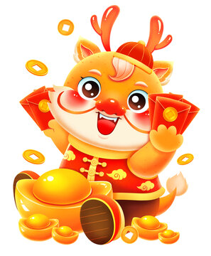 新年春节龙年收红包元宝的金龙