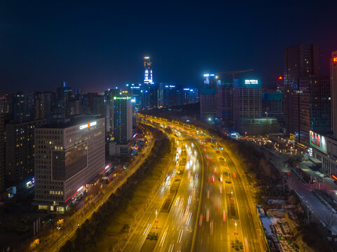 航拍济南东部新城夜景