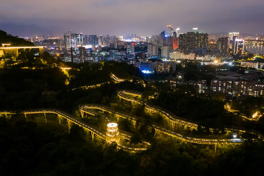 航拍福道福州城市森林步道夜景