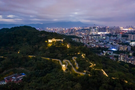 航拍福州城市森林步道福道夜景