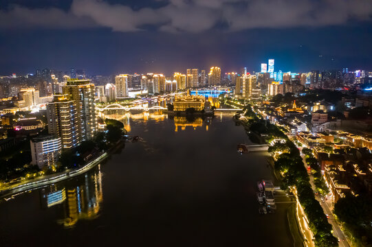 航拍福州闽江沿岸城市夜景