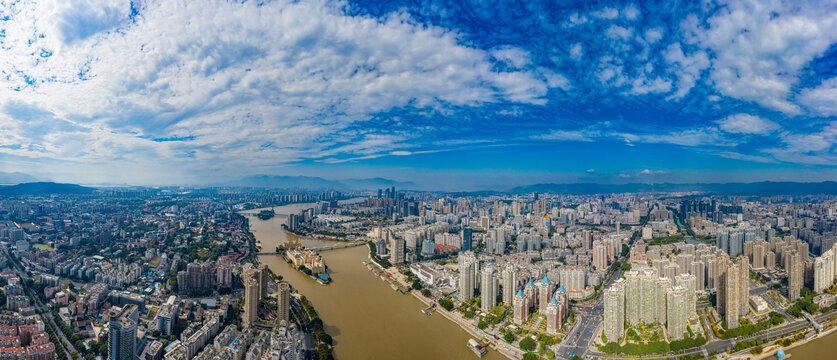 航拍福州闽江中洲岛建筑群全景