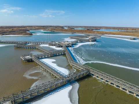 航拍冬日的黄河口湿地