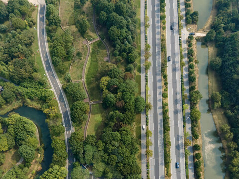 航拍户外森林公路道路交通