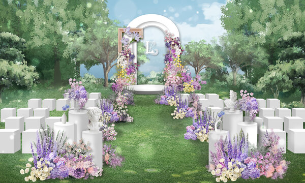 户外紫色婚礼舞台效果图