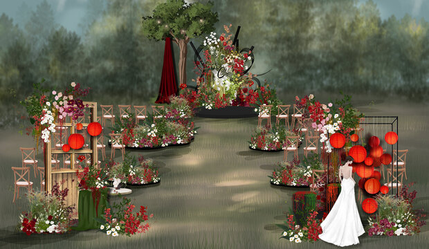 庭院红绿色小众婚礼