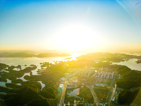 千岛湖夕阳落日航拍