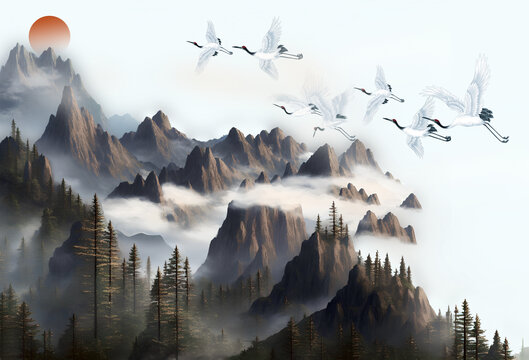 高峰仙鹤新中式山水画壁画