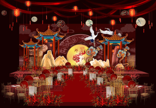 中式古风传统红色婚礼舞台
