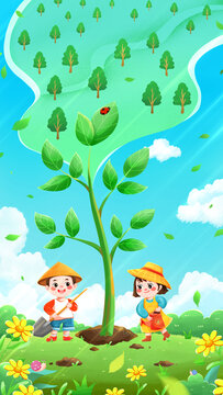 春天植树节种树的学生插画