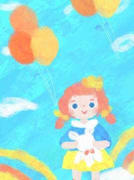 可爱卡通手绘蓝天气球女孩背景