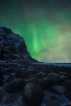 挪威罗弗敦群岛海边冬季极光