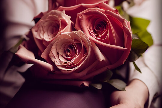 一位女性手捧玫瑰花