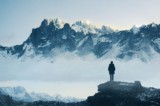 孤独的男远眺雪山