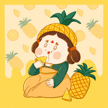 菠萝水果人物插画背景