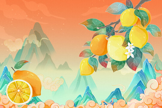 中国风水果柠檬果酒包装插画
