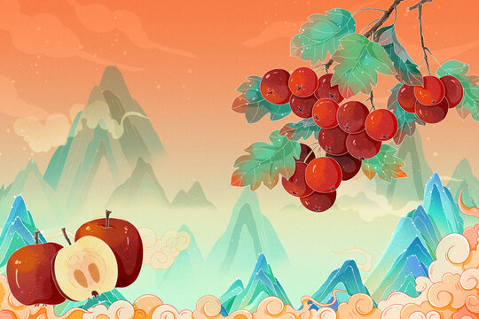 中国风水果山楂果酒包装插画
