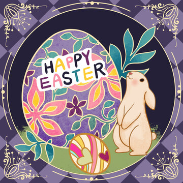 手绘复活节彩蛋兔子原创插画