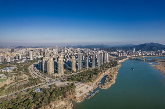 上虞一江两岸城市风光航拍