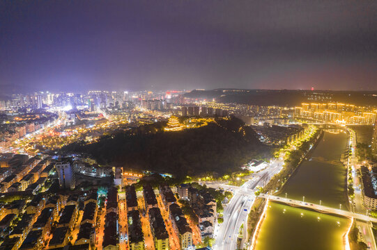 绍兴市新昌县夜景城市风光航拍