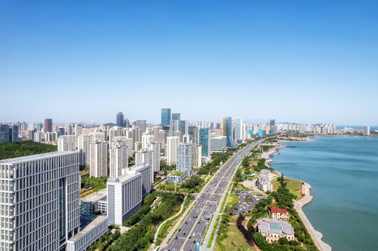 航拍青岛西海岸新区海岸线景观