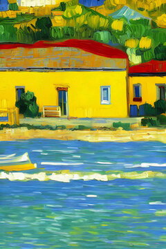 海边的黄房子梵高风油画