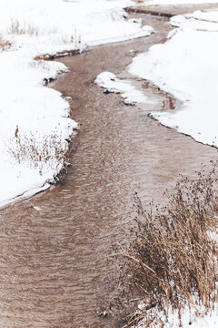 冬天雪后的流水河道