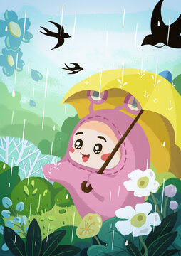 24节气雨水儿童插画海报背景