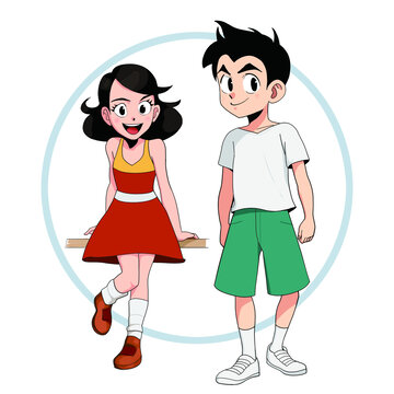 卡通动漫人物插画双人男孩女孩