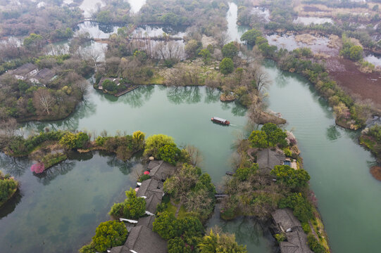 杭州西溪湿地初春梅花盛开航拍