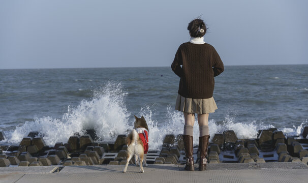 女孩在海边牵着柴犬看海