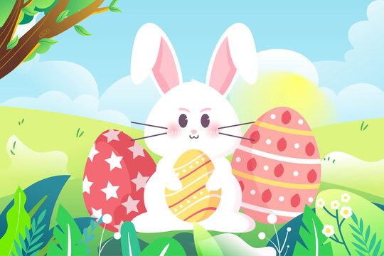 复活节彩蛋春天兔子在森林插画