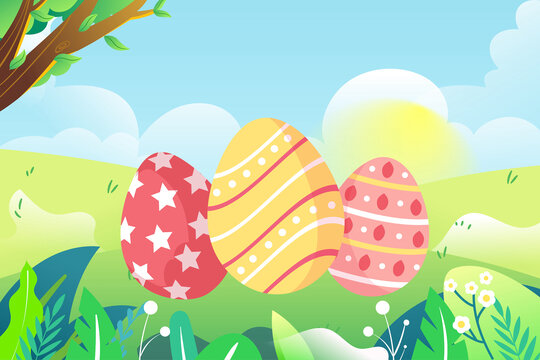 复活节彩蛋春天兔子在森林插画