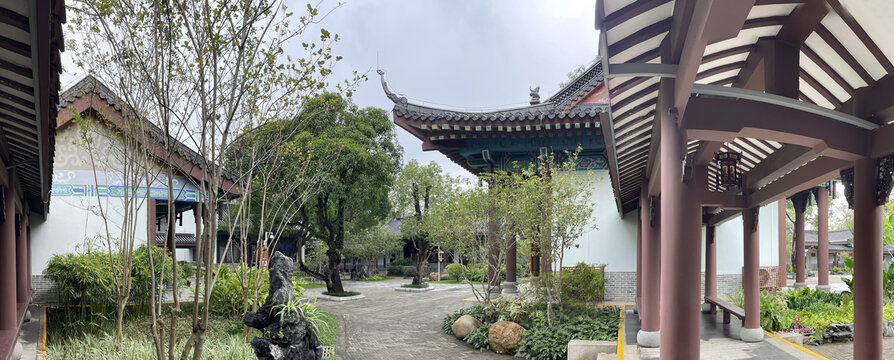 中式建筑连廊全景