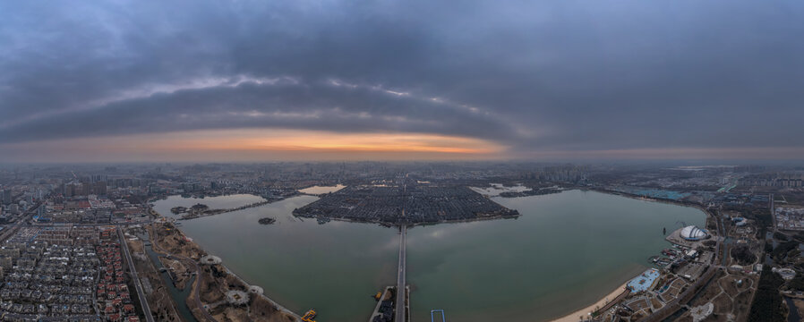 鸟瞰聊城东昌湖日出全景大图