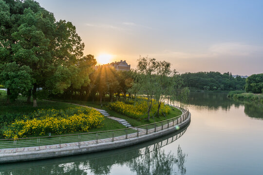 夕阳下的泰州城市公园风景